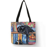 Linen Cat Print Tote Bag