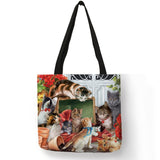 Linen Cat Print Tote Bag