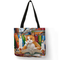 Linen Cat Print Tote Bag