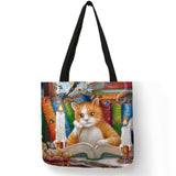 Linen Cat Print Tote Bag