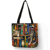 Linen Cat Print Tote Bag