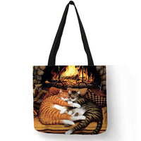 Linen Cat Print Tote Bag