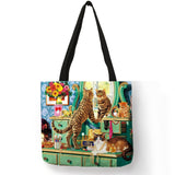 Linen Cat Print Tote Bag