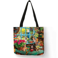 Linen Cat Print Tote Bag